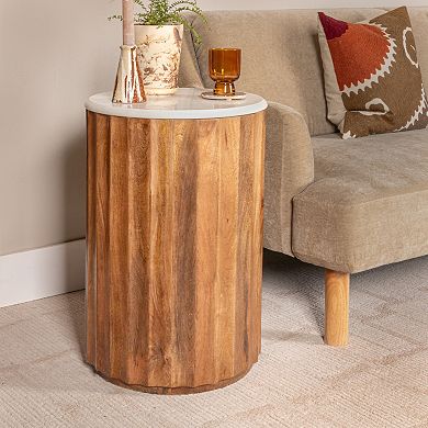 Hello Honey Round Mango Wood Fluted End Table with Marble Top, Walnut Finish