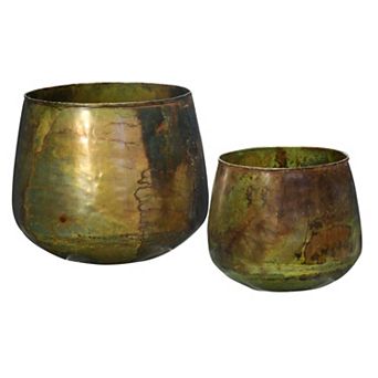 Hello Honey Various Round Metal Planters with Oxidized Finish, Green, Set of 2