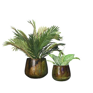 Hello Honey Various Round Metal Planters with Oxidized Finish, Green, Set of 2