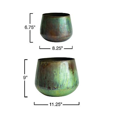 Hello Honey Various Round Metal Planters with Oxidized Finish, Green, Set of 2
