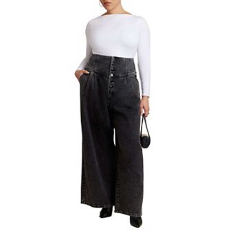 ELOQUII Women's Plus Size Corset Waist Wide Leg Jean