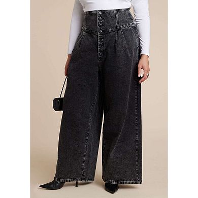ELOQUII Women's Plus Size Corset Waist Wide Leg Jean