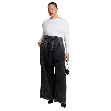 ELOQUII Women's Plus Size Corset Waist Wide Leg Jean
