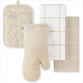 Quilted Cotton Oven Mitt and Pot Holder Set with Silicone Grip