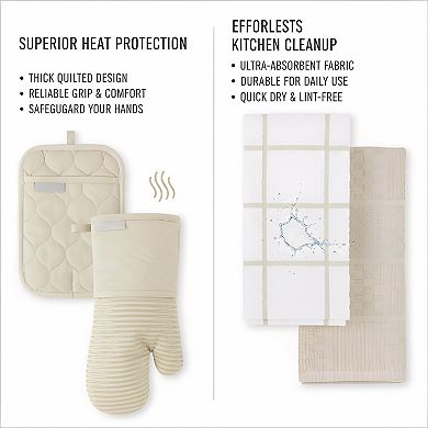 Quilted Cotton Oven Mitt and Pot Holder Set with Silicone Grip
