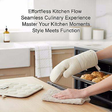 Quilted Cotton Oven Mitt and Pot Holder Set with Silicone Grip