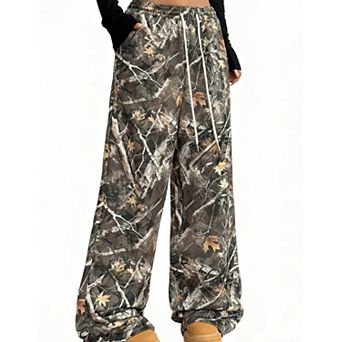 Women's Camo Print Wide Leg Pants Drawstring High Waist Baggy Cargo Pants for Streetwear & Casual