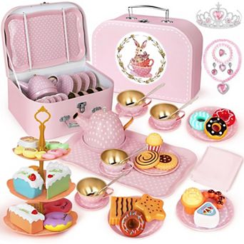 Pretend Play Tea Party Set with Dessert and Carrying Case