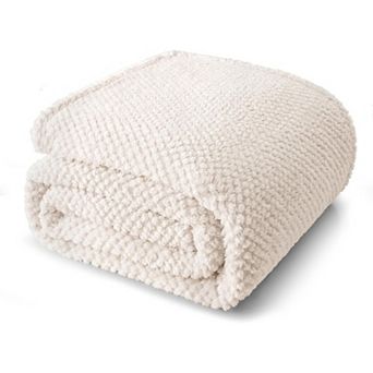 Queen Size Fuzzy Fleece Blanket 90x90 Inch Warm Lightweight for All Seasons Ivory