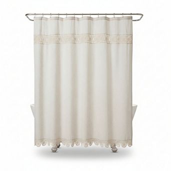 Linen Cotton Shower Curtain Set with Macrame Lace Decor