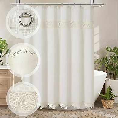 Linen Cotton Shower Curtain Set with Macrame Lace Decor