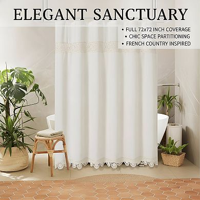Linen Cotton Shower Curtain Set with Macrame Lace Decor