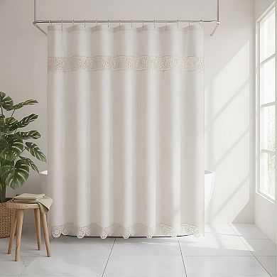 Linen Cotton Shower Curtain Set with Macrame Lace Decor