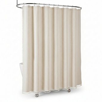 Linen Rustic Shower Curtain Set Weighted Striped with Tassel