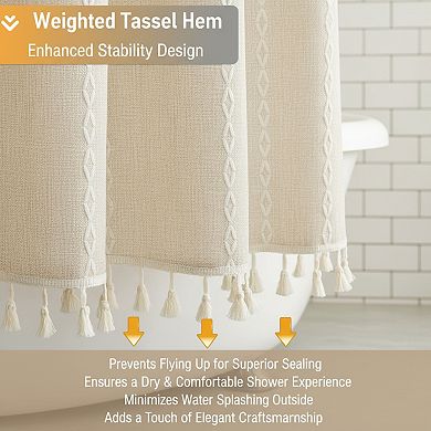 Linen Rustic Shower Curtain Set Weighted Striped with Tassel