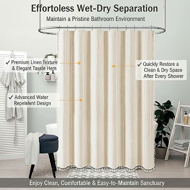 Linen Rustic Shower Curtain Set Weighted Striped with Tassel