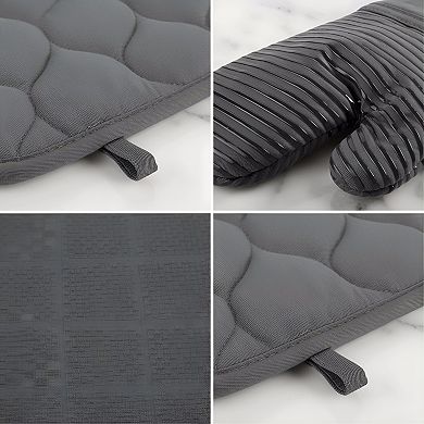Quilted Cotton Oven Mitt and Pot Holder Set with Silicone Grip