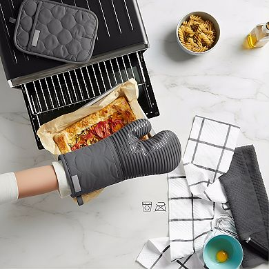 Quilted Cotton Oven Mitt and Pot Holder Set with Silicone Grip