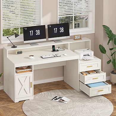 Farmhouse Computer Desk with Drawers, 65" Wide, Power Outlets, Storage
