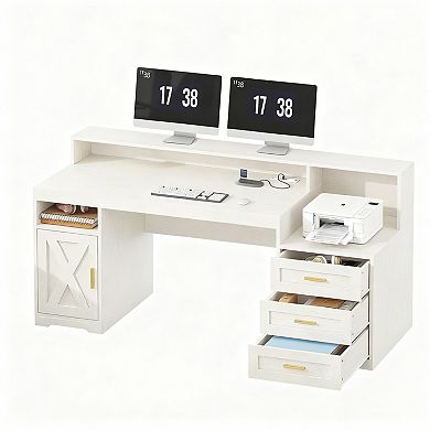 Farmhouse Computer Desk with Drawers, 65" Wide, Power Outlets, Storage