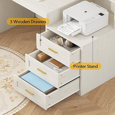 Farmhouse Computer Desk with Drawers, 65" Wide, Power Outlets, Storage