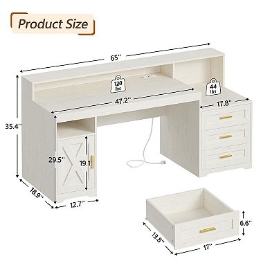 Farmhouse Computer Desk with Drawers, 65" Wide, Power Outlets, Storage