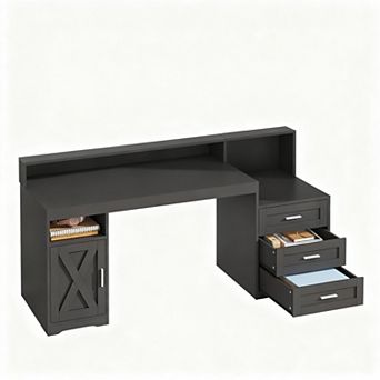 Farmhouse Computer Desk with Drawers, 65" Wide, Power Outlets, Storage