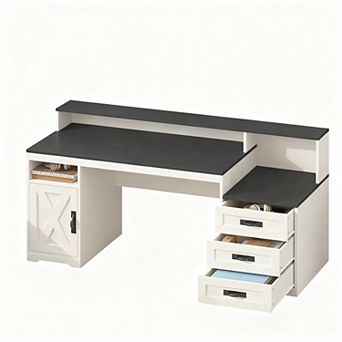 Farmhouse Computer Desk with Drawers, 65" Wide, Power Outlets, Storage