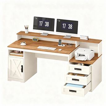 Farmhouse Computer Desk with Drawers, 65" Wide, Power Outlets, Storage