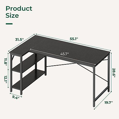 L Shaped 55" Computer Desk with Reversible Shelves for Home Office