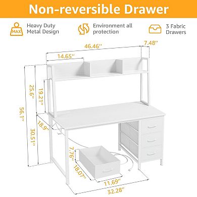 47" Modern Computer Desk with Hutch & Drawers, 5 Storage, Power Outlets