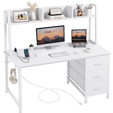 47" Modern Computer Desk with Hutch & Drawers, 5 Storage, Power Outlets