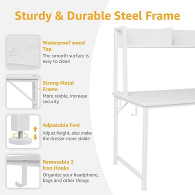 47" Modern Computer Desk with Hutch & Drawers, 5 Storage, Power Outlets