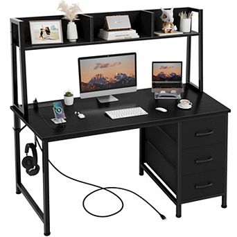 47" Modern Computer Desk with Hutch & Drawers, 5 Storage, Power Outlets