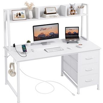 47" Modern Computer Desk with Hutch & Drawers, 5 Storage, Power Outlets