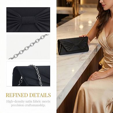 Bow Evening Bag for Women Pleated Satin Clutch Purses with Chain