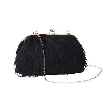 Clutch Purse for Women Fluffy Feather Crossbody Pearl Handbag with Chain