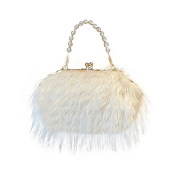 Clutch Purse for Women Fluffy Feather Crossbody Pearl Handbag with Chain