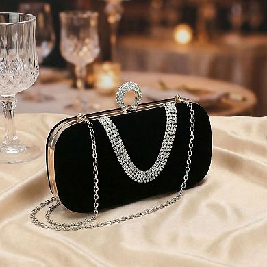 U Shaped Evening Bag for Women Rhinestone Clutch Purse with Removable Chain