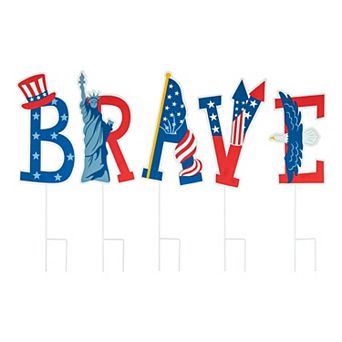 Glitzhome 43.25"L Set of 5 Patriotic/ Americana BRAVE Yard Stake or Wall Decor