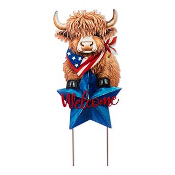 Glitzhome 30"H Patriotic/ Americana Metal Highland Cow Yard Stake or Wall Décor