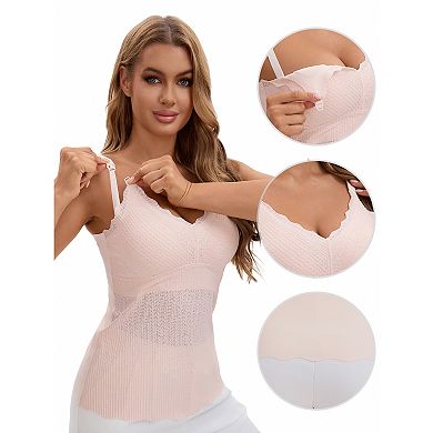 2 Packs Women's Lace Nursing Tanks with Adjustable Straps Breastfeeding V Neck Built-In Bra Cami