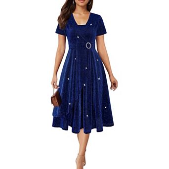 Women Asymmetrical Hem Short Sleeve V-neck Dress Cross Elegant Rhinestone Flowy Midi Dress