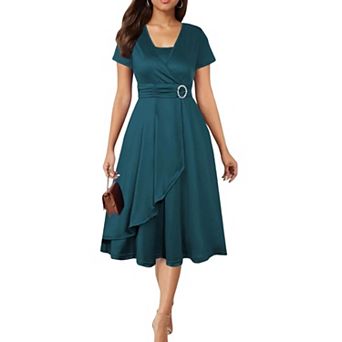 Women Asymmetrical Hem Short Sleeve V-neck Dress Cross Elegant Rhinestone Flowy Midi Dress