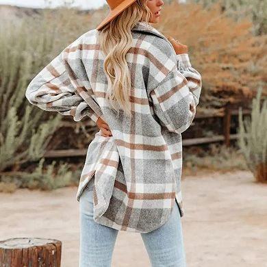 Women's Plaid Shacket Button Down Flannel Shirt Jacket with Pockets Long Sleeve Lapel Coat