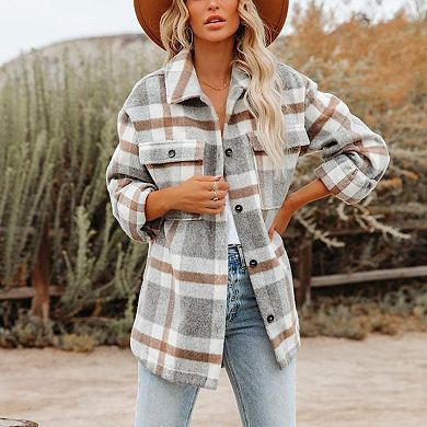 Women's Plaid Shacket Button Down Flannel Shirt Jacket with Pockets Long Sleeve Lapel Coat