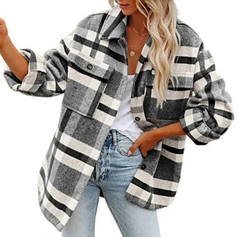 Women's Plaid Shacket Button Down Flannel Shirt Jacket with Pockets Long Sleeve Lapel Coat