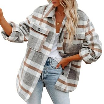Women's Plaid Shacket Button Down Flannel Shirt Jacket with Pockets Long Sleeve Lapel Coat