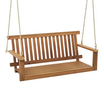 2-Seat Acacia Wood Porch Swing Bench with Hanging Ropes