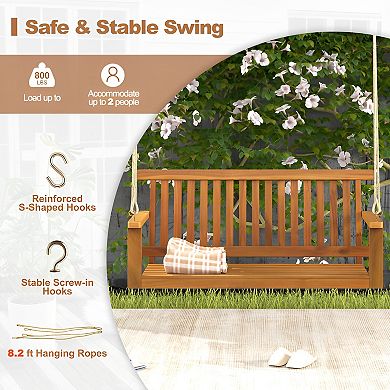 2-Seat Acacia Wood Porch Swing Bench with Hanging Ropes